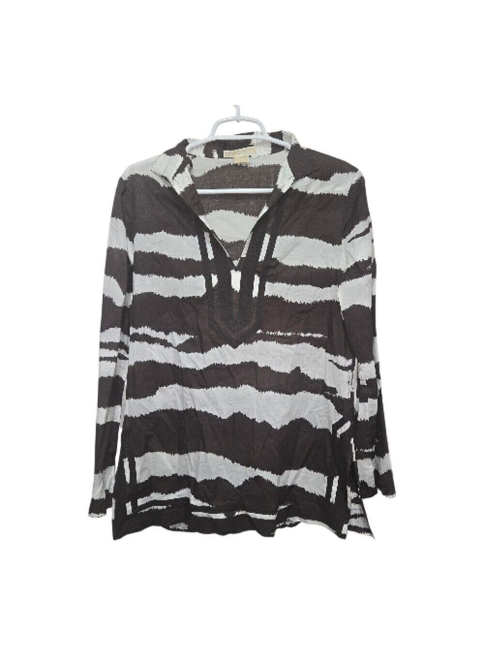 MICHAEL Michael Kors Ikat Stripe Cotton Tunic Split Neck Top Large
